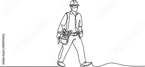 Construction worker with tools walking in single line drawing