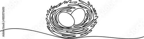 Continuous line drawing of a bird nest with two eggs isolated on a transparent background