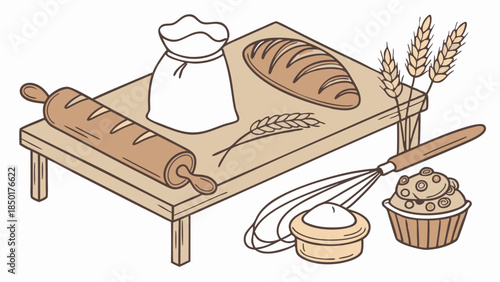 Rustic Baking Ingredients and Tools Isometric Illustration Flour Bread Whisk Rolling Pin for Bakery Menu Design