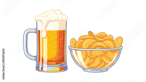 A refreshing golden beer in a tall glass sits beside a bowl overflowing with crispy, golden potato chips, perfect for a relaxing snack.