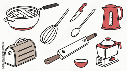 Vector Illustration of Kitchen Utensils and Appliances Doodle Set Whisk Rolling Pin Kettle for Home Cooking Baking and Culinary Web Design