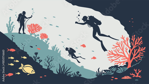 Underwater Scuba Diving Exploration Adventure Illustration Deep Sea Cave and Vibrant Coral Reef Marine Life Tourism