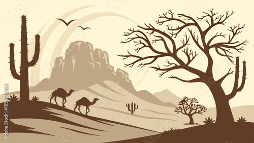 Sepia Desert Landscape Vector Illustration Camels Caravan Journey Silhouette Western Travel Background Design