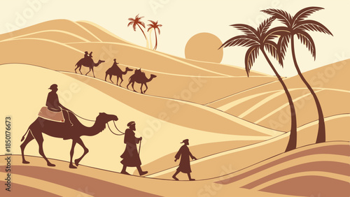 Desert Caravan Travel Journey with Camels and Palm Trees for Ancient History or Global Trade Website Background Illustration