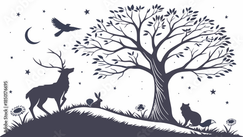 Mystical Night Forest Silhouette with Stag, Fox, Hare, and Moon for Wildlife Branding and Storybook Illustration