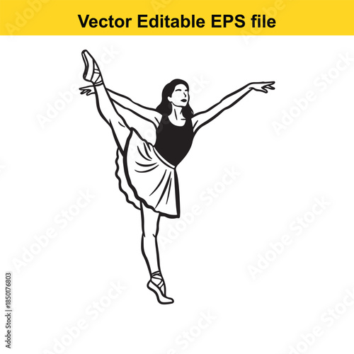  vector illustration of a woman in a dynamic ballet dance pose in black and white