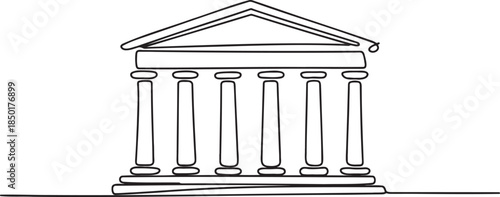 Continuous line drawing of a classical building with pillars and a triangular roof