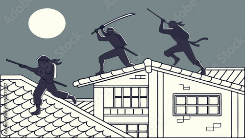 Silhouette Illustration of Three Ninjas Running on a Japanese Rooftop at Night Action and Stealth Graphic Design