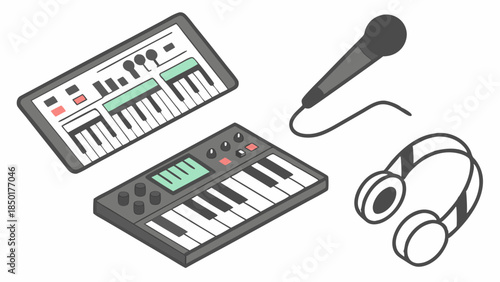 Digital Music Production Home Studio Isometric Illustration Synthesizer Keyboard Microphone Headphones Audio Recording and Sound Design