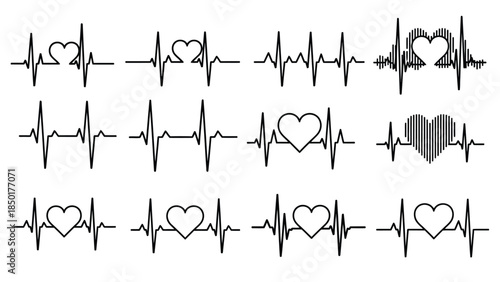 Heartbeat line designs and cardiogram variations set