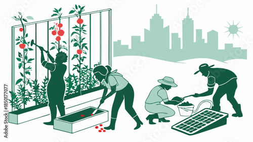 Sustainable Urban Farming Community Gardening People Working with Solar Panel City Agriculture