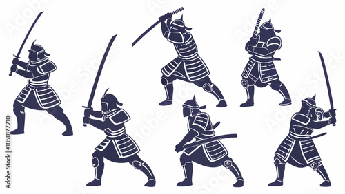 Samurai Warriors with Katanas in Dynamic Fighting Poses Traditional Japanese Martial Arts Strength and Strategy Graphic Vector Silhouette