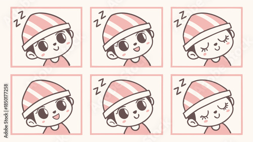 Cute Child Sleeping Icons Set Adorable Kid in Striped Nightcap Dreaming for Bedtime Stories Sleep App Design