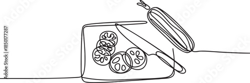 Continuous line drawing of a cucumber, a cutting board with sliced cucumbers, and a knife, all in a single flowing stroke
