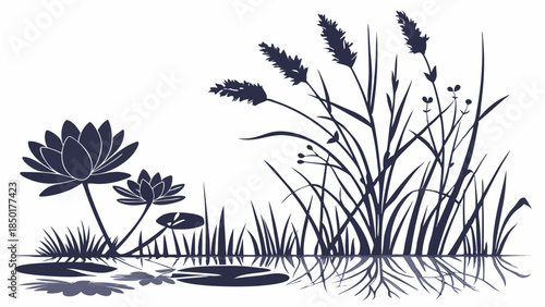 Tranquil Water Lilies and Reeds Silhouette Reflecting Calm Serenity for Nature, Wellness, and Eco-Friendly Branding Projects