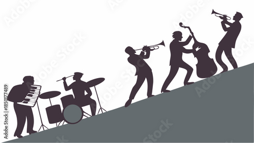 Jazz Band Musicians Climbing Steep Uphill Slope Symbolizing Progress and Achievement for Music Promotion or Career Growth