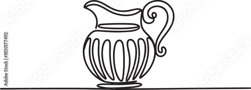 Continuous line drawing of a decorative ceramic pitcher or jug perfect for serving beverages