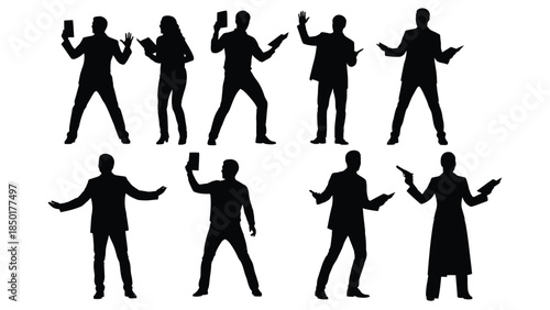 Collection of business and action silhouette figures holding objects