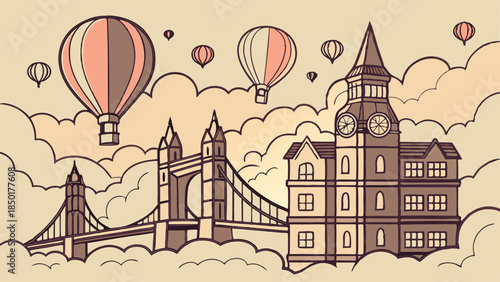 London Cityscape Illustration with Tower Bridge and Clock Tower Hot Air Balloons Soaring Above Clouds for Dreamy Travel Marketing