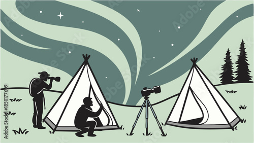 Explorers Camping Under Northern Lights and Starry Night Sky. Stargazing Adventure with Tents and Telescope in Wilderness.