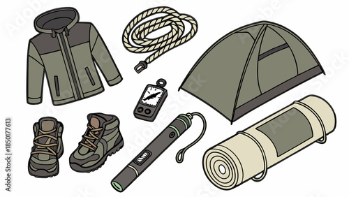 Flat Lay of Essential Hiking and Camping Gear for Outdoor Adventure Travel. Perfect for Web Design, Marketing, and Blogs.
