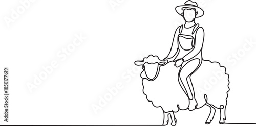 Continuous line drawing of a farmer riding a sheep, illustrating a pastoral scene with a single flowing stroke