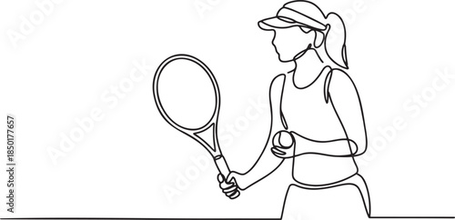 Continuous line drawing of a female tennis player with a racket and ball on a transparent background