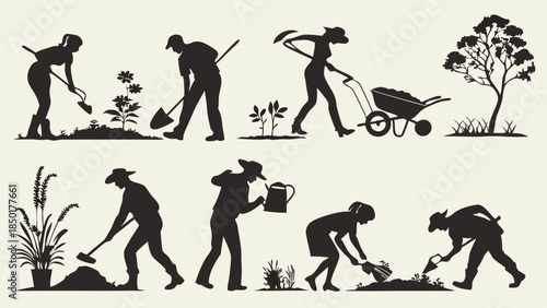 People Gardening Silhouettes Men and Women Planting Digging Watering Plants Outdoors Spring Summer Cultivation Sustainable Agriculture Healthy Lifestyle