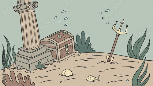 Underwater Treasure Chest and Ancient Ruins on Ocean Floor. Discovery Adventure with Trident for History and Hidden Wealth