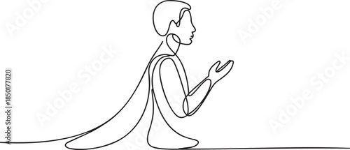 Continuous line drawing of a person praying with hands raised on a transparent background