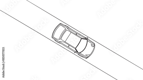 Continuous line drawing of a modern car on an open road seen from an aerial view