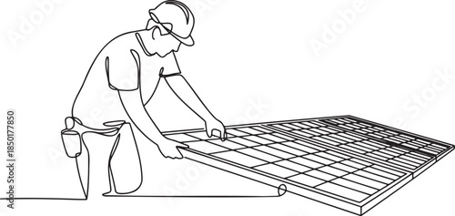 Continuous line drawing of a male worker installing solar panels for renewable energy