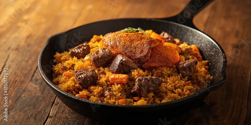 Traditional pilaf prepared in a pig-iron skillet, highlighting rustic culinary techniques, Top view
