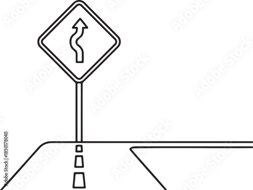 Continuous line drawing of a winding road sign, indicating a curvy path ahead, representing navigation and directional guidance