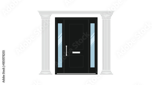 Elegant black door with glass panels and classical columns creates a grand entrance to a sophisticated home or building.