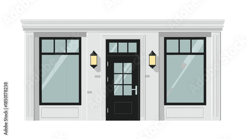 Elegant storefront facade features a black door flanked by large display windows and decorative wall lamps, creating a welcoming entrance.