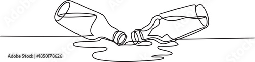 Continuous line drawing of two overturned bottles spilling liquid on transparent background