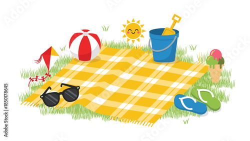 Colorful summer picnic scene with beach items like a ball, kite, sunglasses, and ice cream on a yellow blanket in the grass.