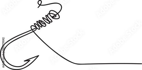 Fishing hook continuous line drawing vector illustration isolated on transparent background for fishing and outdoor activities