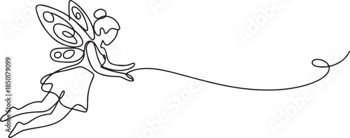 Flying fairy with wings one line art style vector isolated on a transparent background