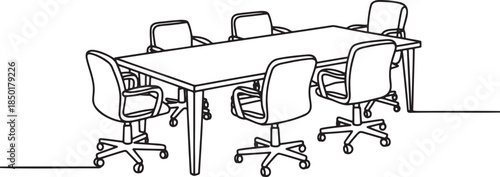 Meeting room with table and chairs in single line art