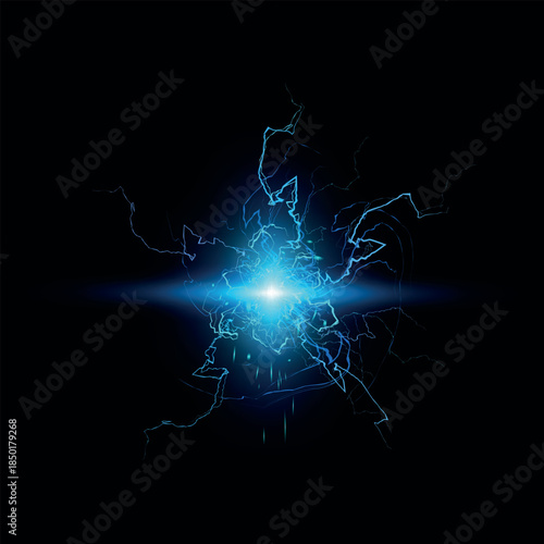 Thunderbolt blue fireball lightning effect on black, glowing energy ball, magic burst rays, realistic electric sparks