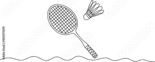 One continuous line drawing of badminton racket and shuttlecock