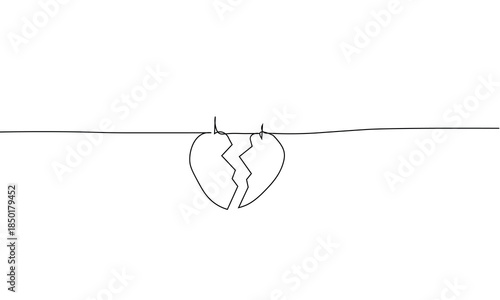 Broken heart Continous line drawing. Feeling sad and broken love one line illustration. Editable stroke.