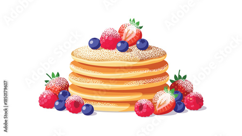Delicious stack of fluffy pancakes topped with fresh berries and powdered sugar creates a delightful breakfast treat.