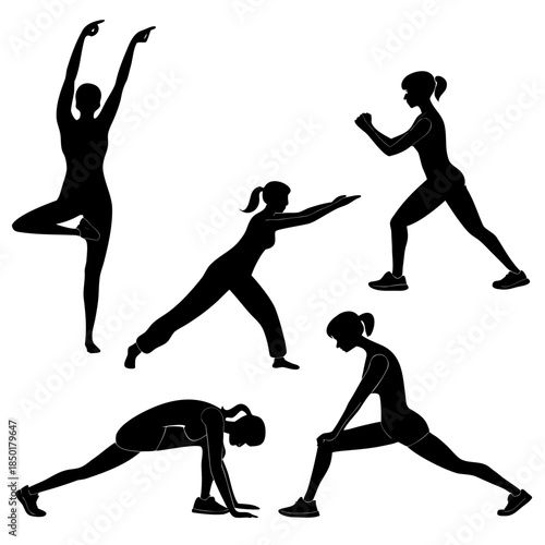 Fitness and wellness silhouettes — yoga poses, meditation, running, gym workout, stretching — black silhouette figures, balanced composition, clean vector style, white background, commercial stock ima