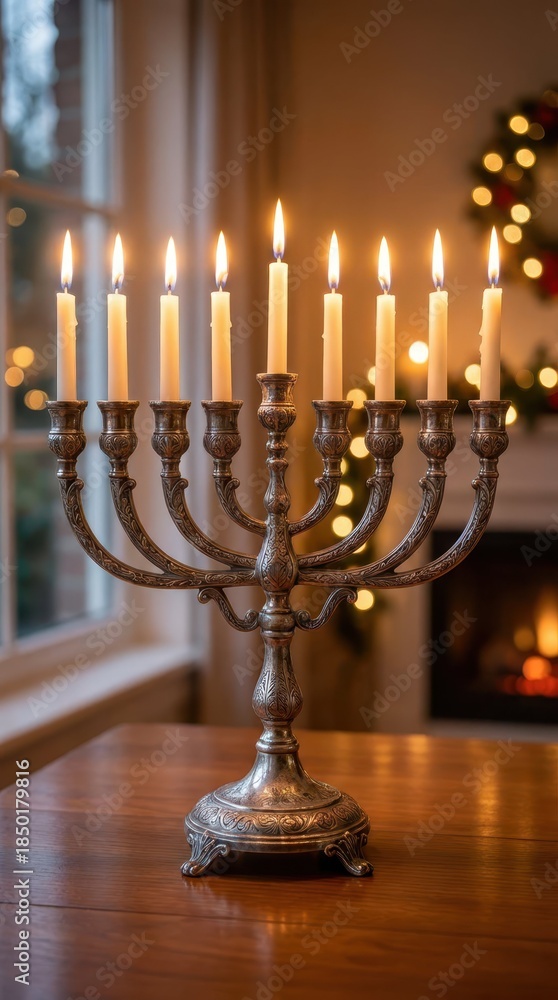 Fototapeta premium Elegant Silver Menorah with Lit Candles on Table in Cozy Setting