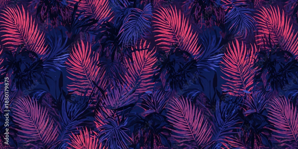 Obraz premium High-quality tropical sunset gradient background featuring navy blue foliage in a seamless pattern, suitable for swimwear or resort apparel prints
