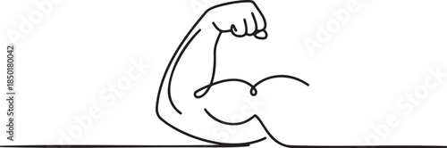 Strong arm continuous line drawing vector illustration isolated on transparent background for power and strength concept