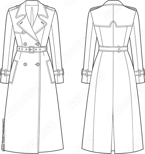 Fashion illustration front and back view of a classic double-breasted trench coat with belt clothing